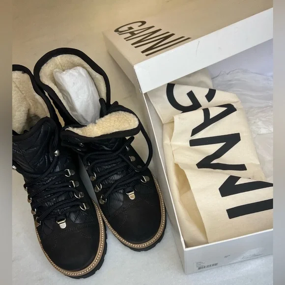 GANNI WOMEN’S QUILTED HIKING BLACK LACE UP BOOTS SZ EU39 - Picture 4 of 12